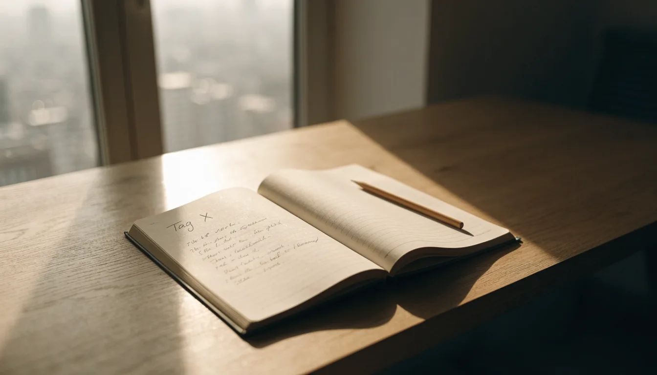 Ein Notizbuch mit handschriftlichen Notizen und ein Bleistift liegen auf einem Schreibtisch am Fenster, draußen fällt Morgenlicht herein.