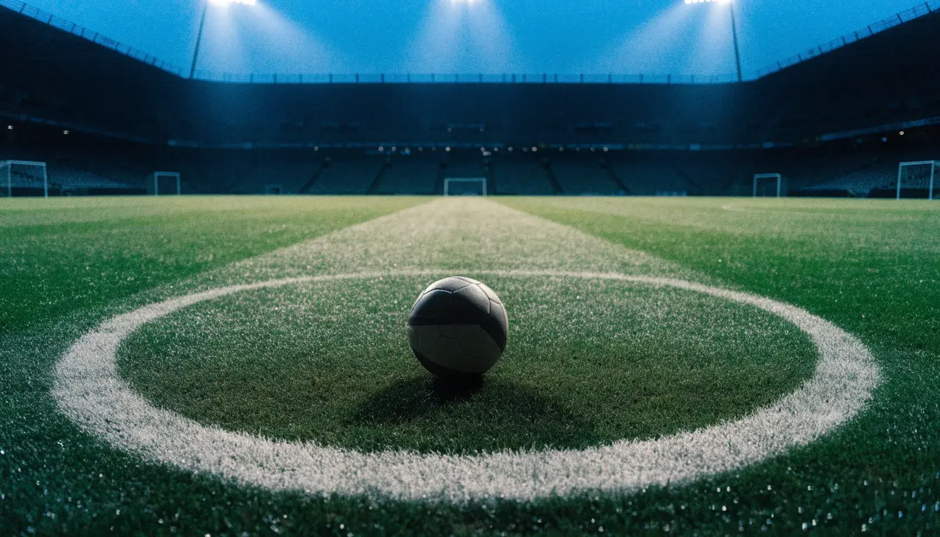 Ein Fußball liegt auf dem Anstoßpunkt eines leeren Rasenplatzes, im Hintergrund steht ein Stadion unter Flutlicht in der Dämmerung.