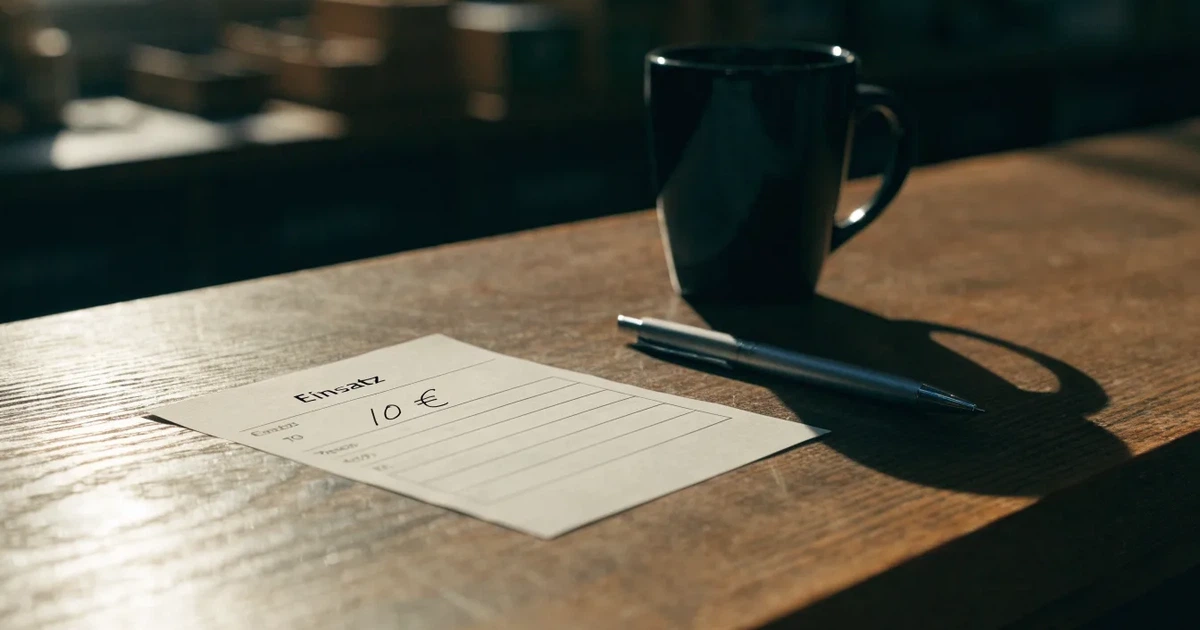 Ein leerer Wettschein aus Papier liegt neben einem Stift auf einer hölzernen Theke, weiches Licht fällt von der Seite ein.