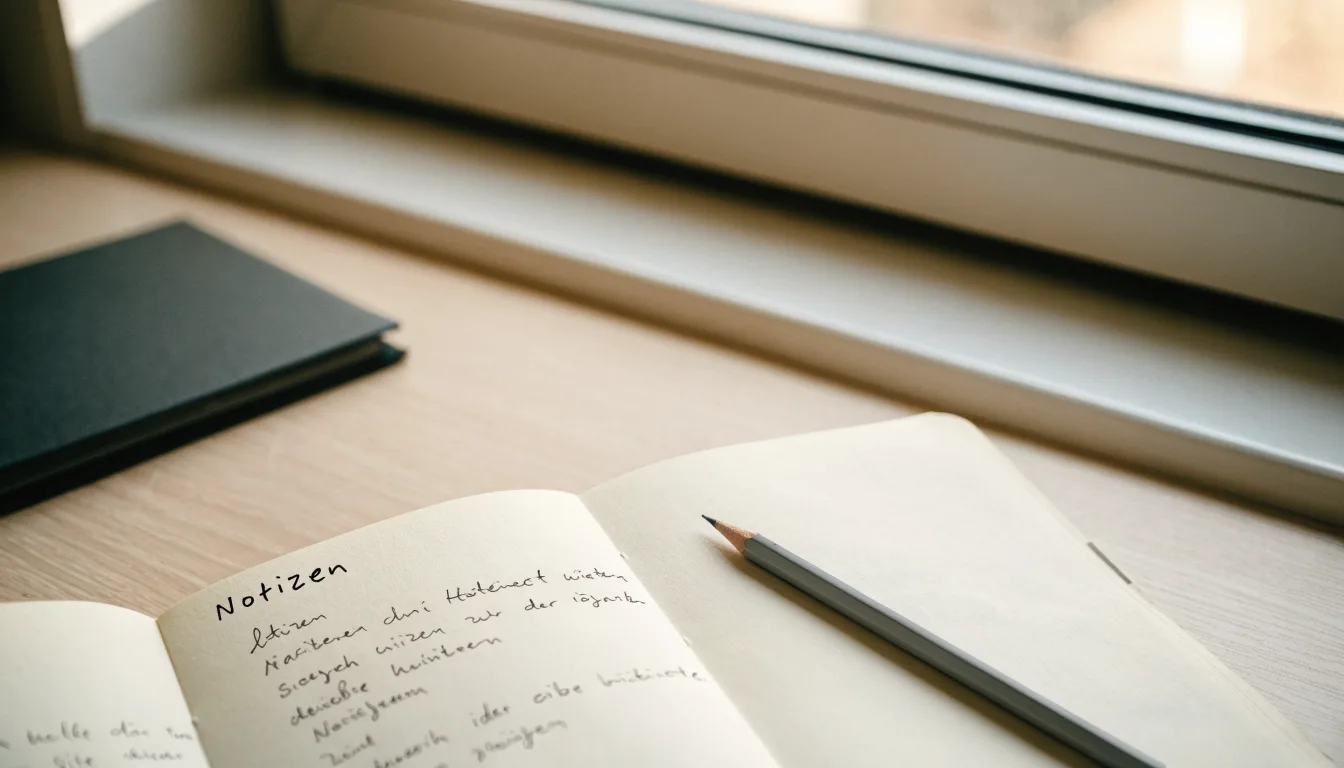 Ein Notizbuch mit handschriftlichen Notizen und ein Bleistift liegen auf einem Schreibtisch am Fenster, draußen fällt Morgenlicht herein.