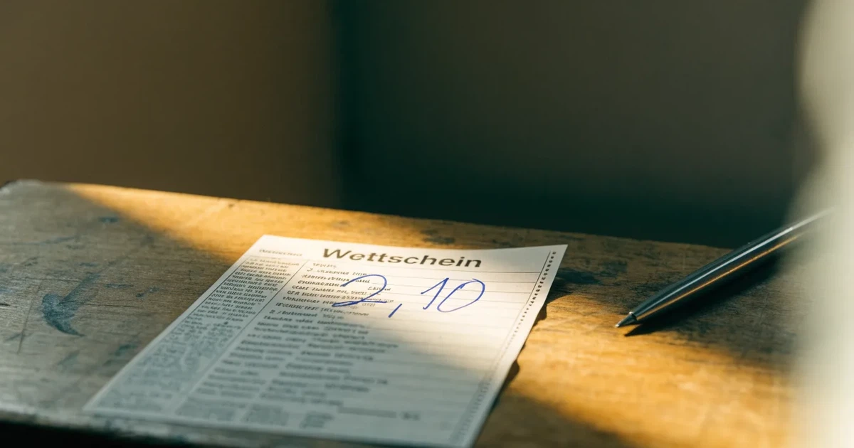 Ein leerer Wettschein aus Papier liegt neben einem Stift auf einer hölzernen Theke, weiches Licht fällt von der Seite ein.