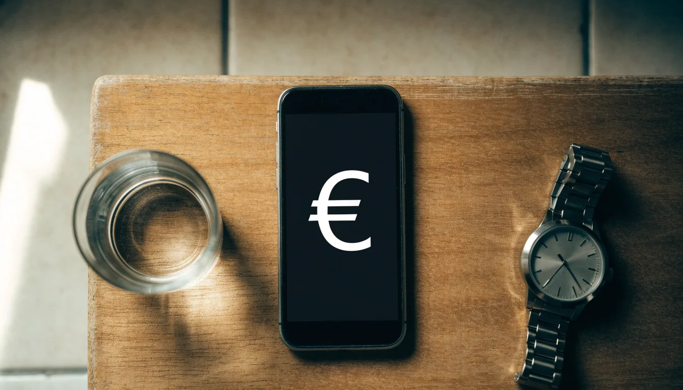 Ein Smartphone liegt mit dem Display nach unten auf einem Küchentisch, daneben stehen ein Glas Wasser und eine Armbanduhr.