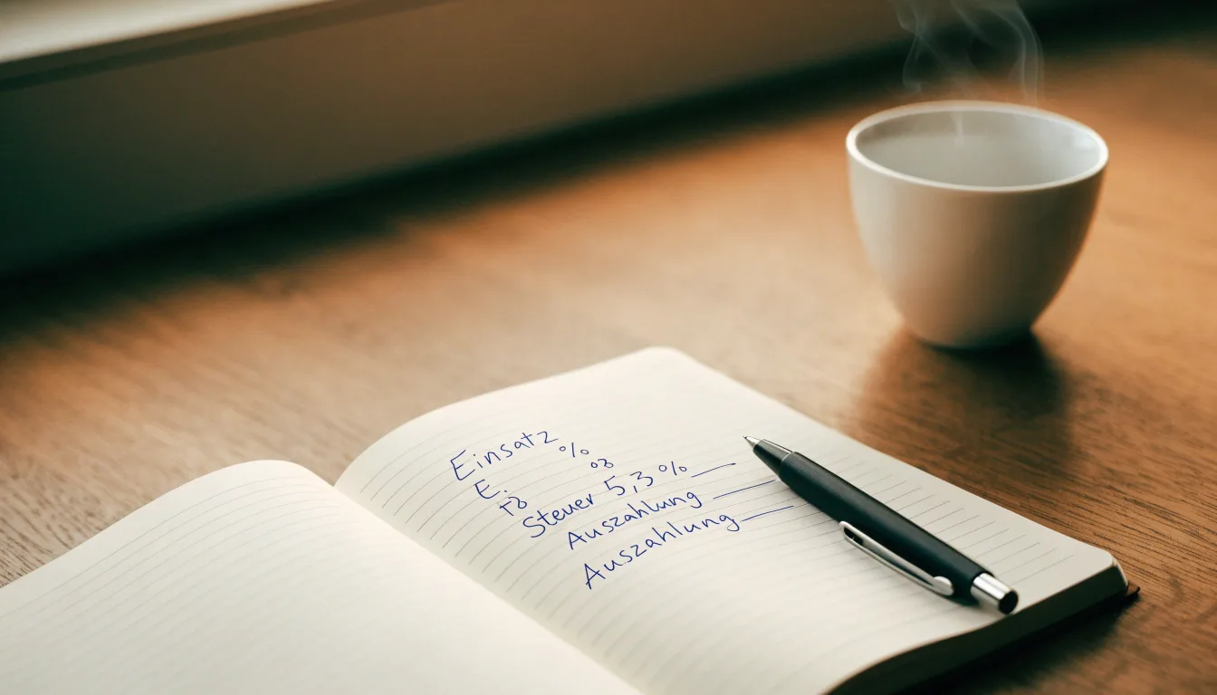 Ein Notizbuch mit handschriftlichen Rechnungen und ein Taschenrechner liegen auf einem Schreibtisch neben einer Tasse Kaffee im Licht des frühen Morgens.