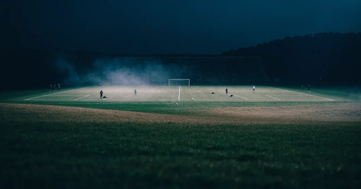 Ein Stadion unter Flutlicht, aus großer Entfernung über eine dunkle Wiese fotografiert, am Himmel zieht Nebel auf.