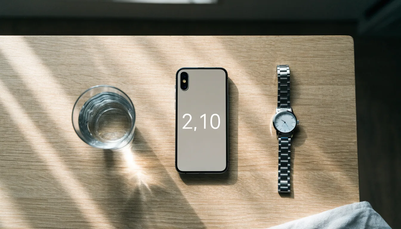 Ein Smartphone liegt mit dem Display nach unten auf einem Küchentisch, daneben stehen ein Glas Wasser und eine Armbanduhr.