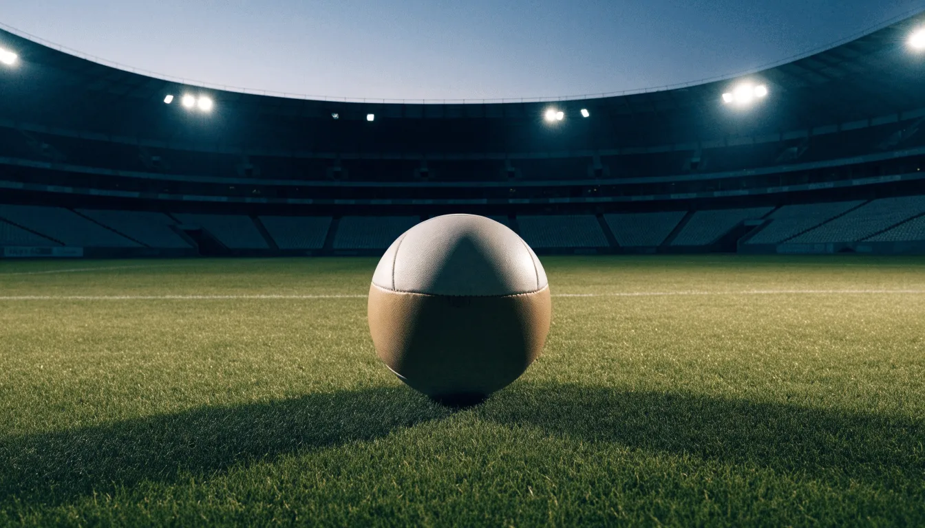 Ein Fußball liegt auf dem Rasen eines leeren Platzes, im Hintergrund ein Stadion unter Flutlicht in der Abenddämmerung.