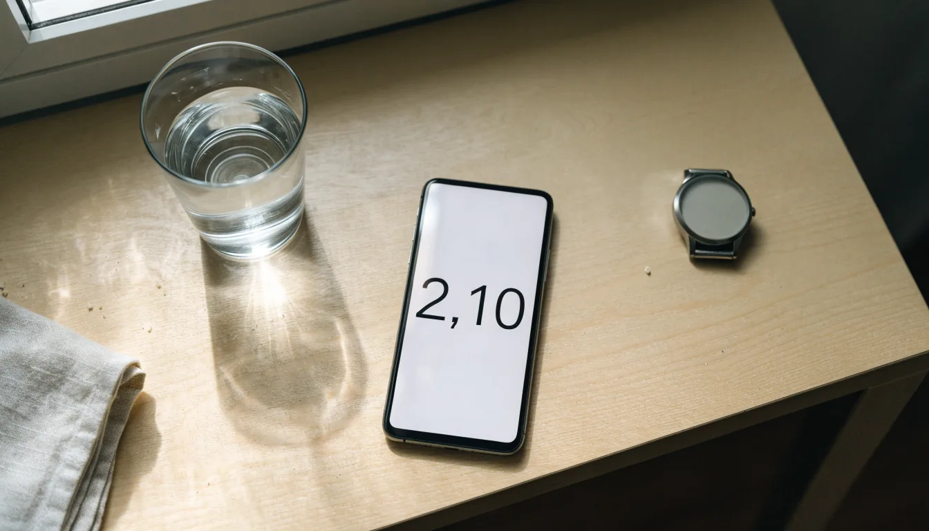 Ein Smartphone liegt mit dem Display nach unten auf einem Küchentisch, daneben stehen ein Glas Wasser und eine Armbanduhr.