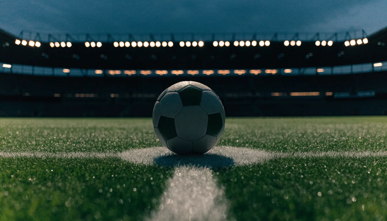 Ein Fußball liegt auf dem Anstoßpunkt eines leeren Rasenplatzes, im Hintergrund steht ein Stadion unter Flutlicht in der Dämmerung.