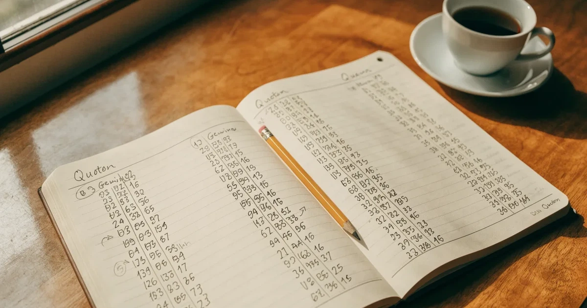 Ein Notizbuch mit handschriftlichen Notizen und Pfeilen liegt aufgeschlagen auf einem Schreibtisch, daneben ein Bleistift und eine Tasse Tee.