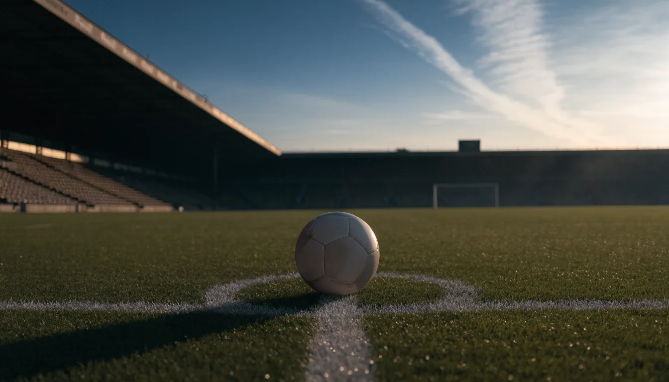 Ein Fußball liegt auf dem Anstoßpunkt eines leeren Rasenplatzes in der Morgendämmerung, im Hintergrund eine leere Tribüne.