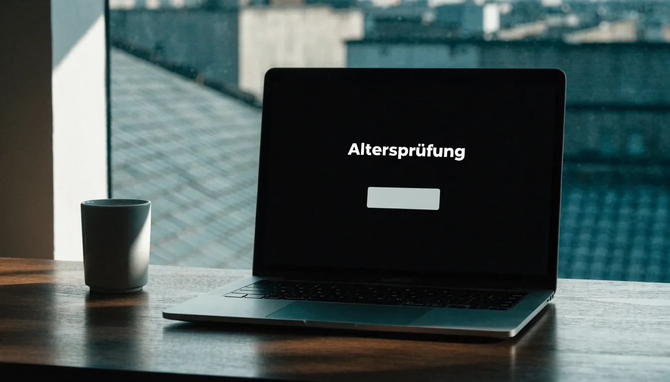 Eine Messingwaage steht auf einem dunklen Holzschreibtisch neben einer Kaffeetasse, im Hintergrund ein Fenster mit Blick auf Dächer.