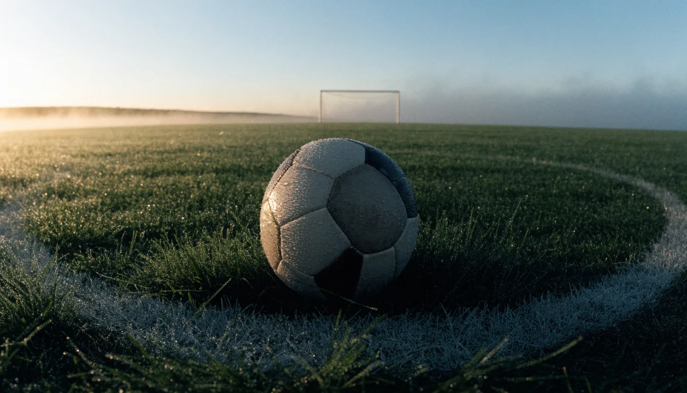 Ein Fußball ruht auf dem Mittelkreis eines leeren Rasenplatzes in der Morgendämmerung, Tau liegt auf dem Gras.
