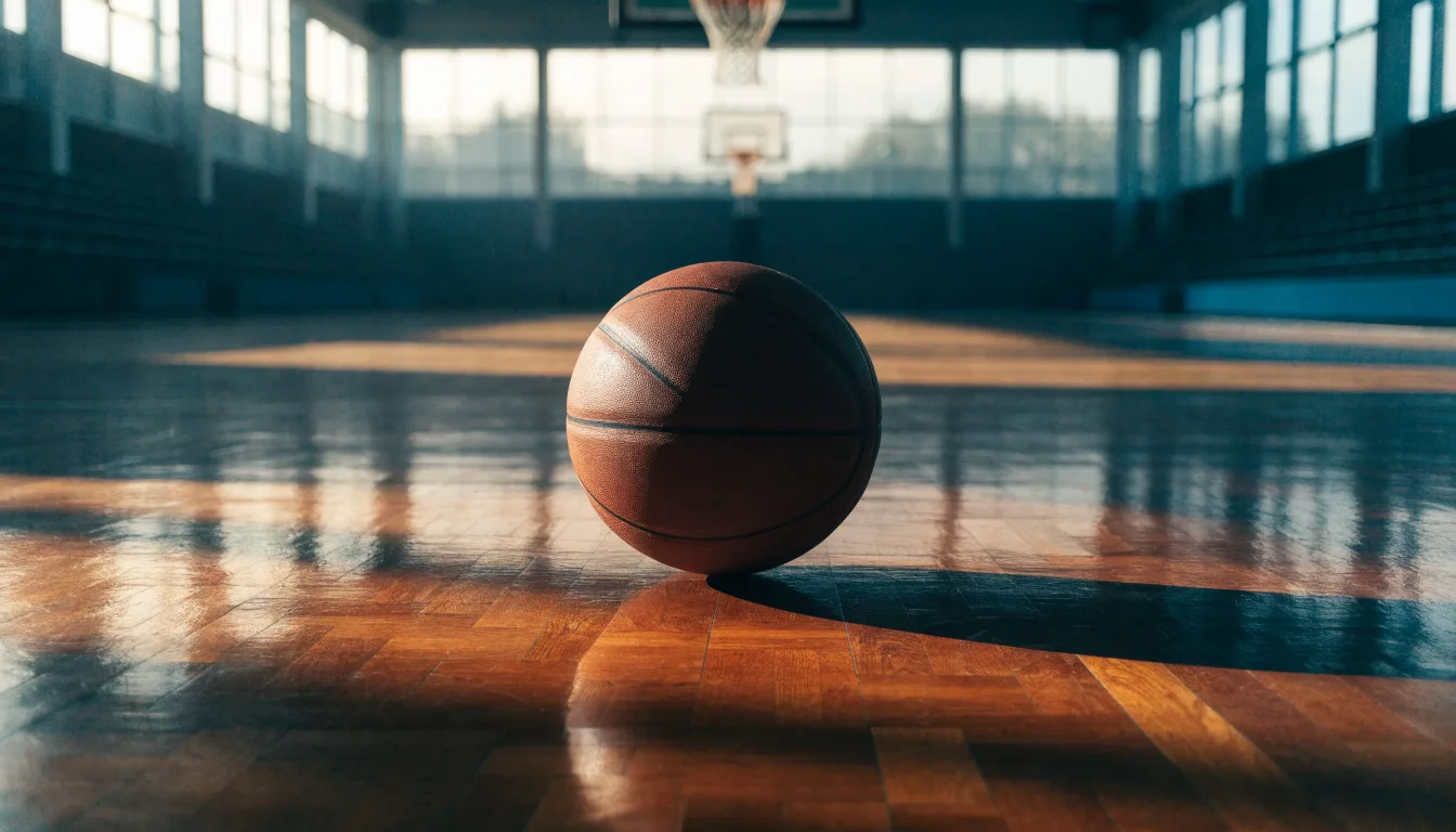 Ein Basketball liegt auf dem Hallenboden unter einem Korb, das Netz hängt ruhig, Morgenlicht fällt durch hohe Fenster.
