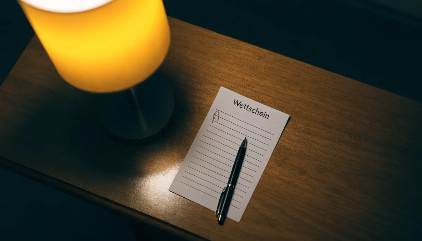 Ein leerer Wettschein aus Papier und ein Kugelschreiber liegen auf einer Tischplatte neben einer kleinen Tischlampe.