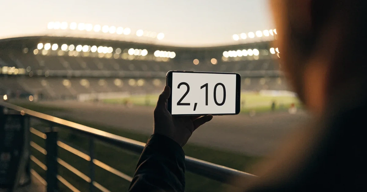 Ein Fußballstadion unter Flutlicht aus großer Entfernung, davor ein dunkler Parkplatz und ein heller Abendhimmel.