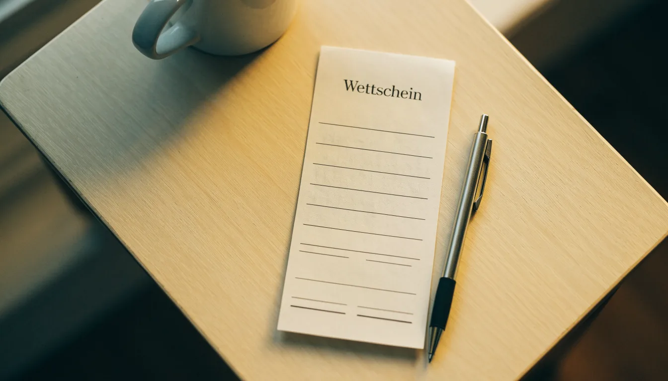 Ein leerer Wettschein aus Papier liegt neben einem Kugelschreiber und einer Tasse auf einem hellen Holztisch.