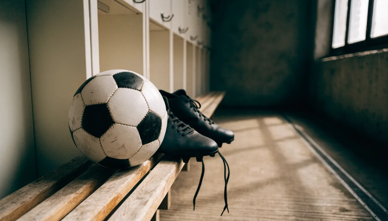 Ein Fußball liegt neben einem Paar Fußballschuhen ohne Markenzeichen auf einer Holzbank in einer leeren Umkleide.