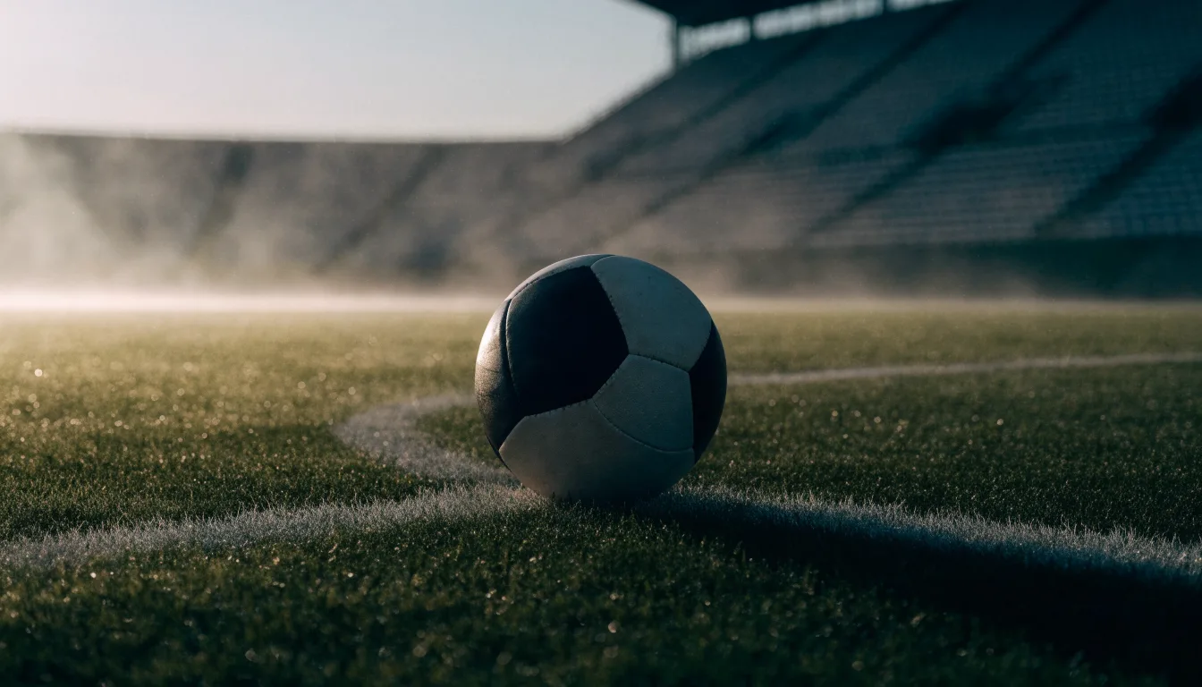 Ein Fußball liegt auf dem Anstoßpunkt eines leeren Rasenplatzes in der Morgendämmerung, im Hintergrund eine leere Tribüne.