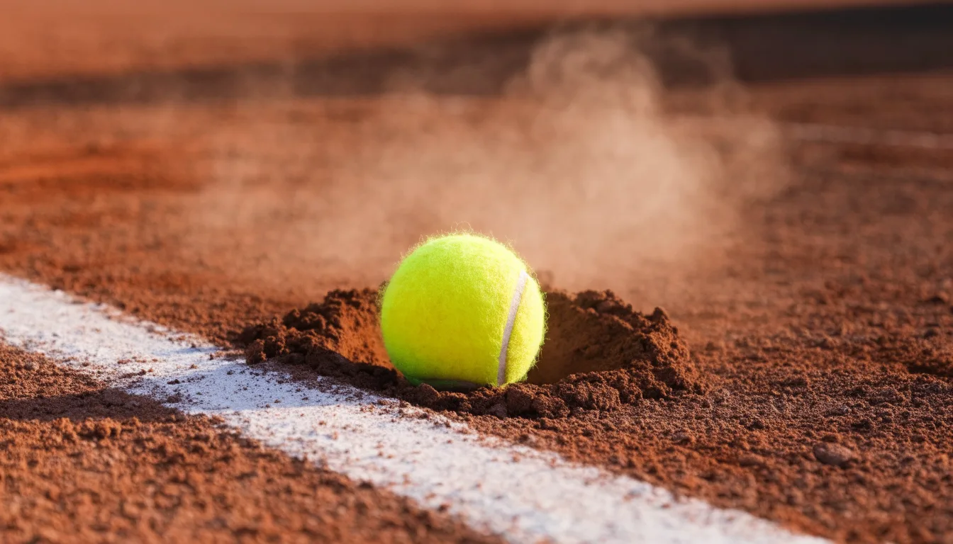 Ein einzelner Tennisball liegt auf rotem Sand neben einer weißen Linie, geringe Schärfentiefe.