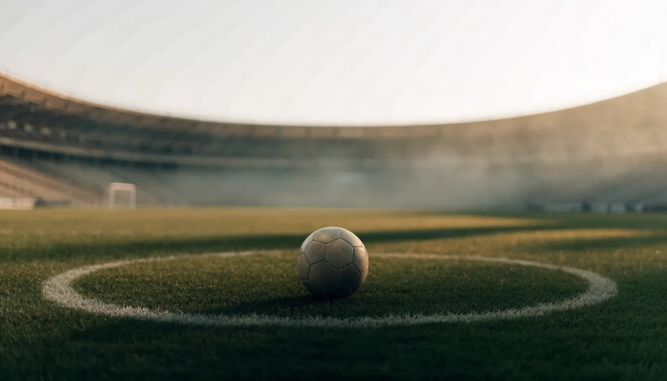 Ein Fußball liegt auf dem Anstoßpunkt eines leeren Rasenplatzes im frühen Morgenlicht, dahinter eine leere Tribüne.