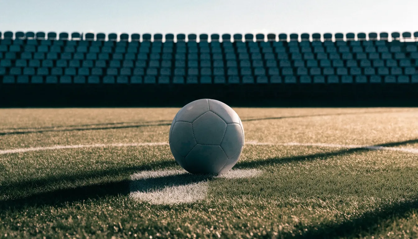 Ein Fußball liegt auf dem Anstoßpunkt eines leeren Rasenplatzes im frühen Morgenlicht, dahinter eine leere Tribüne.