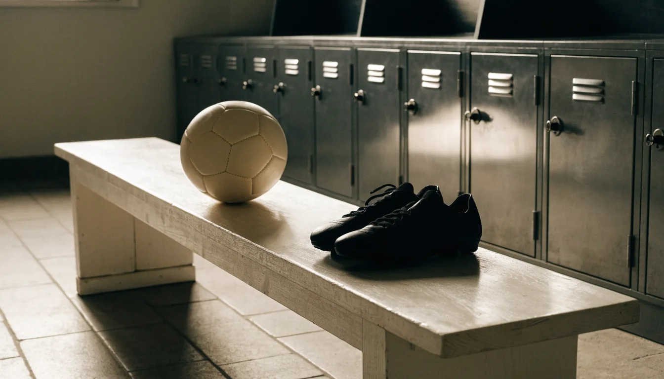 Ein Fußball liegt auf einer Holzbank in einer leeren Umkleide neben einem Paar Fußballschuhen ohne Markenzeichen.