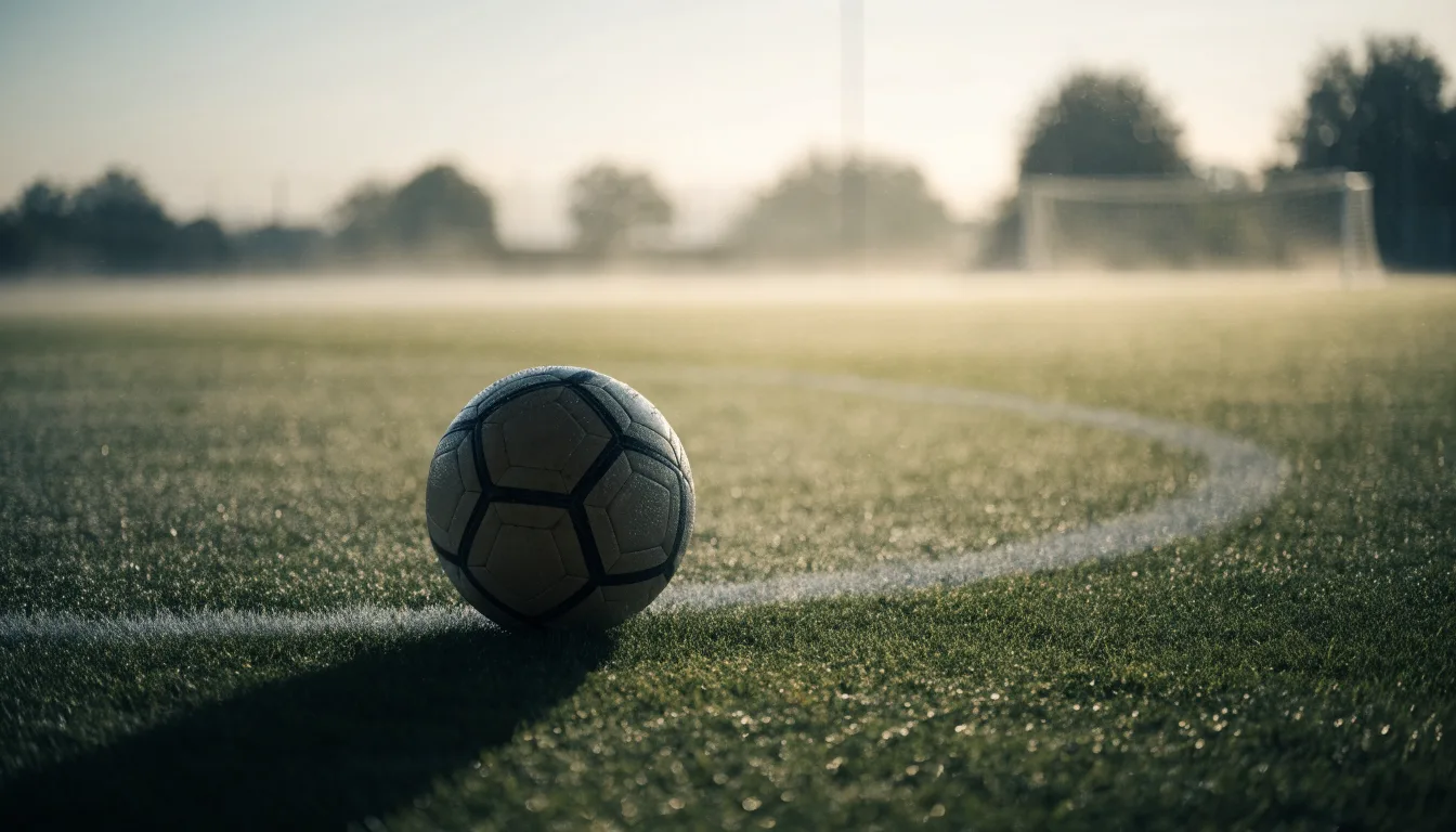Ein Fußball ruht auf dem Mittelkreis eines leeren Rasenplatzes in der Morgendämmerung, Tau liegt auf dem Gras.