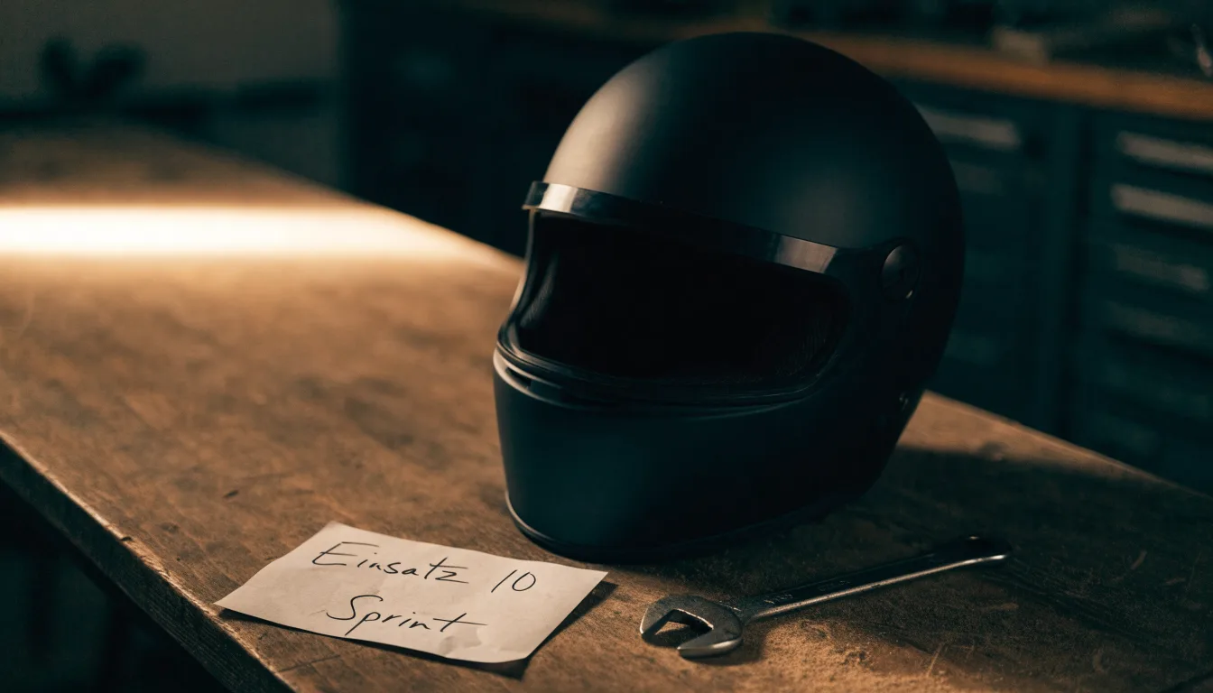 Ein schwarzer Motorradhelm ohne Aufdruck liegt auf einer Werkbank neben einem Schraubenschlüssel, warmes Licht einer Werkstatt.