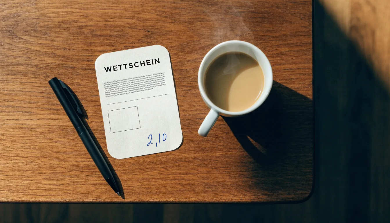 Ein leerer Wettschein aus Papier liegt neben einem Kugelschreiber und einer Tasse Kaffee auf einem Holztisch, Aufnahme von oben.