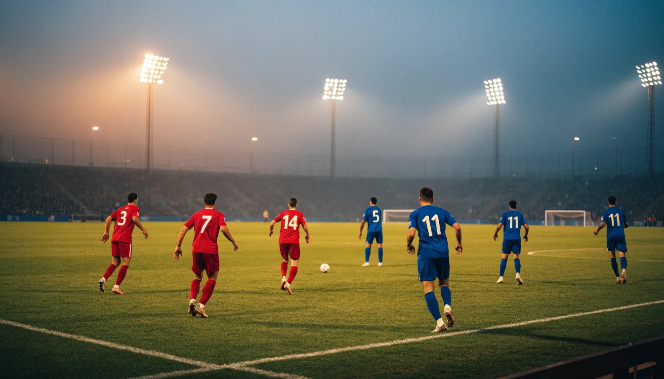 Ein großes Stadion unter Flutlicht, aus der Ferne über eine dunkle Wiese gesehen, die Lichtmasten spiegeln sich im Dunst der Abenddämmerung.