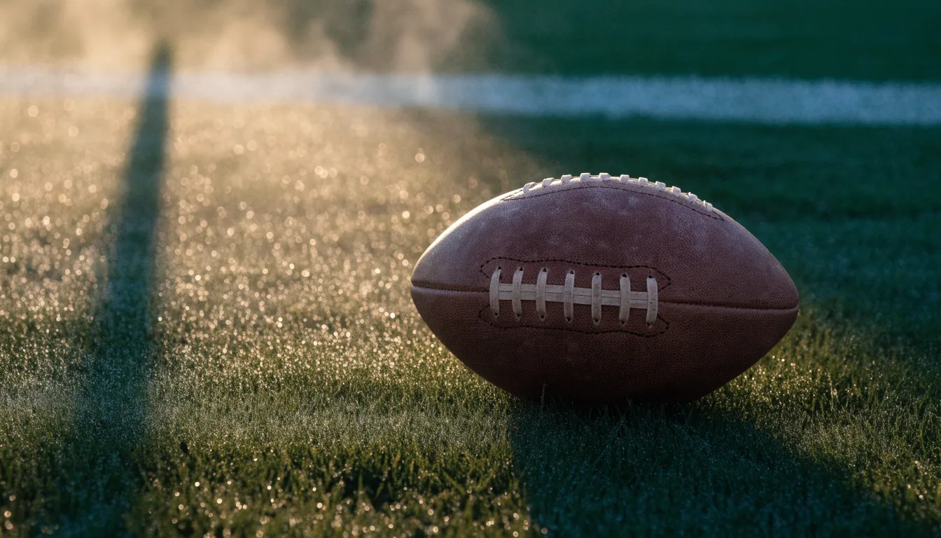 Ein ovaler Lederball mit heller Schnürung liegt auf dem Rasen vor der Endzone, Tau auf dem Gras im ersten Morgenlicht.