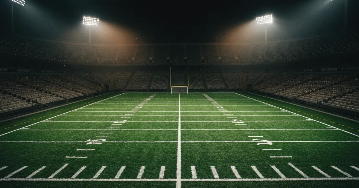 Ein American-Football-Feld mit weißen Yardlinien im Flutlicht, von einer hohen Tribüne aus gesehen, die Ränge leer, Zahlen nicht erkennbar.