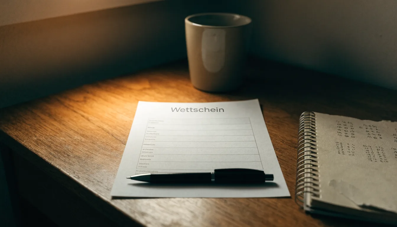 Ein leerer Papierwettschein, ein Kugelschreiber und ein Taschenrechner liegen auf einem Holztisch, warmes Licht einer Schreibtischlampe.