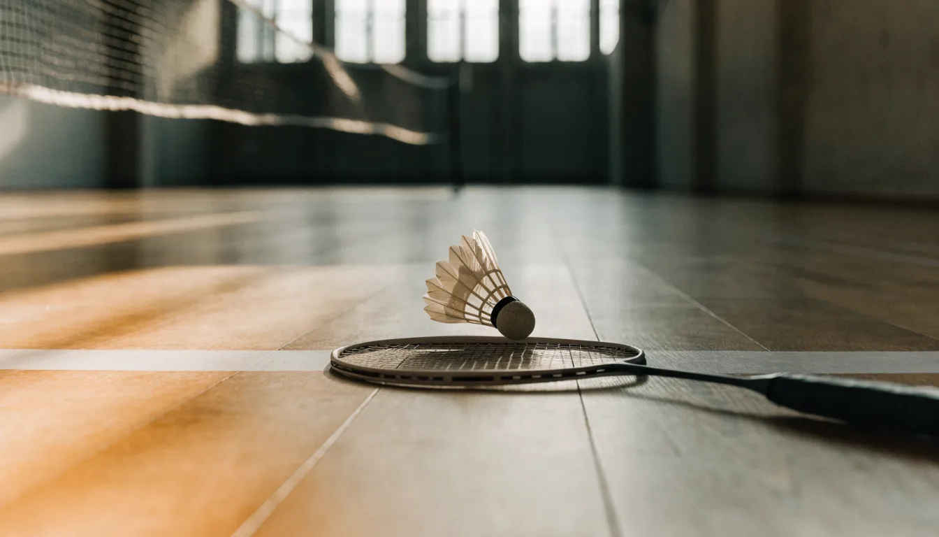 Zwei Badmintonschläger und ein Federball liegen auf einem Holzboden neben der Seitenlinie, weiches Licht fällt von der Seite ein.