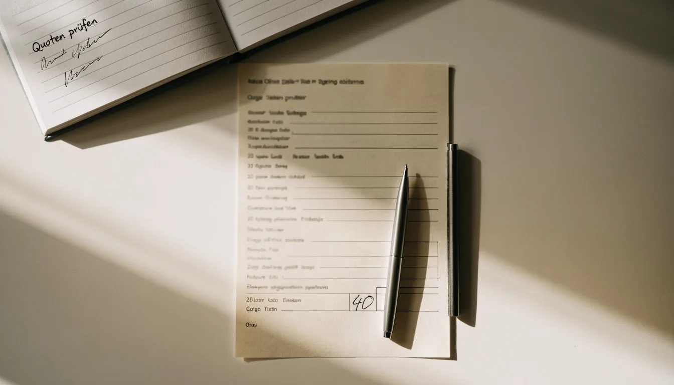 Ein leerer Papierwettschein und ein Kugelschreiber auf einer glatten Schreibtischplatte, daneben ein aufgeschlagenes Notizbuch mit handschriftlichen Notizen.