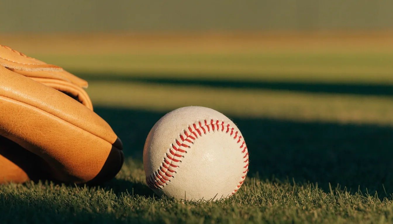 Ein weißer Baseball und ein Lederhandschuh liegen auf kurz geschnittenem Gras, im Hintergrund eine verschwommene Spielfeldbande.