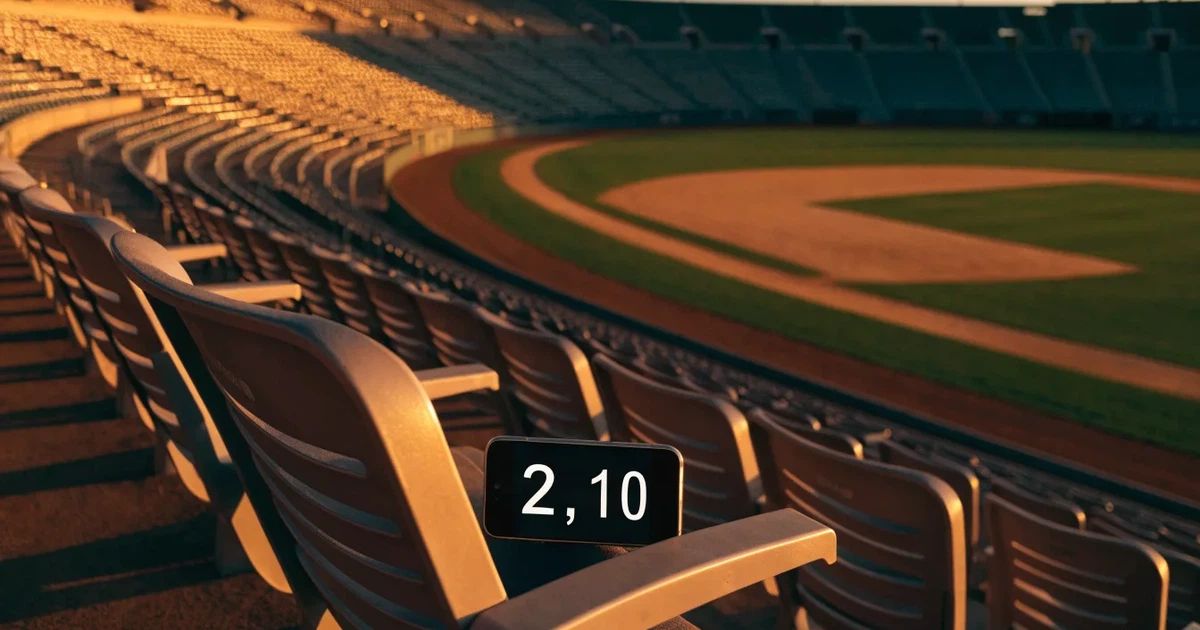 Ein Baseballfeld mit dem hellbraunen Infield und gepflegtem Rasen, von der Tribüne aus gesehen, die Ränge leer, tiefe Abendsonne.