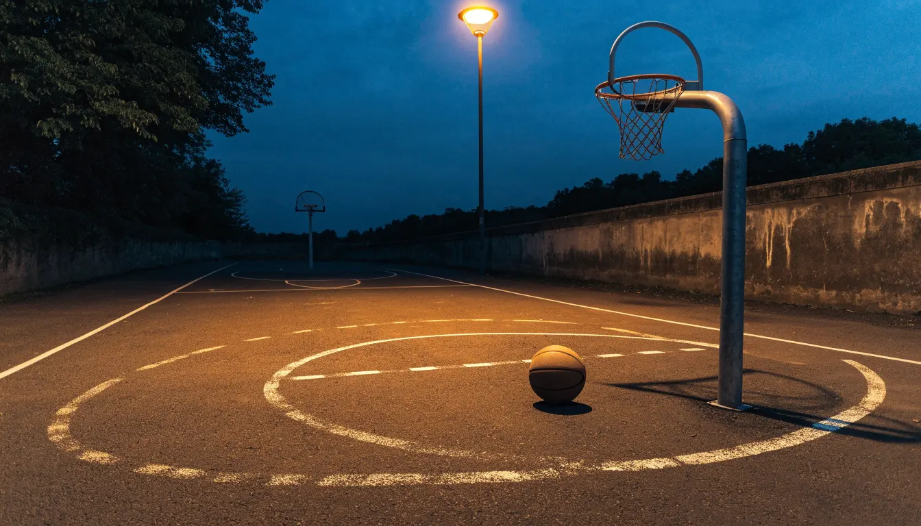 Ein Freiluft-Basketballplatz am Abend mit Asphalt, Linien und zwei Körben unter einer Straßenlaterne.