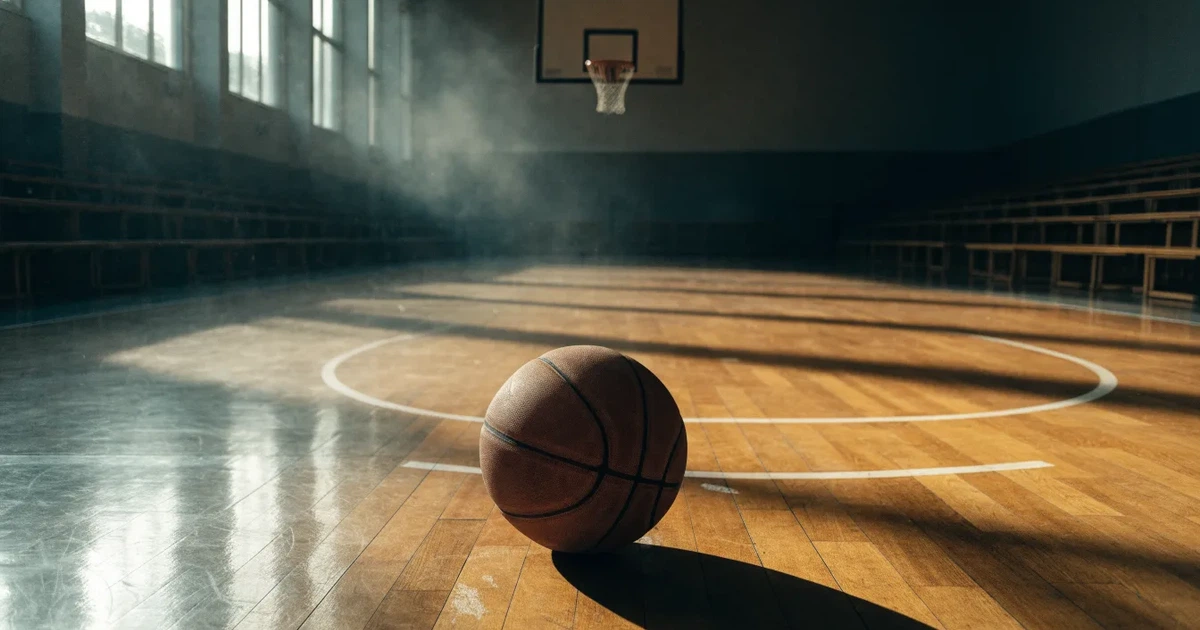 Ein Basketball liegt unter dem Korb auf dem Parkett einer leeren Sporthalle, Licht fällt durch hohe Fenster.