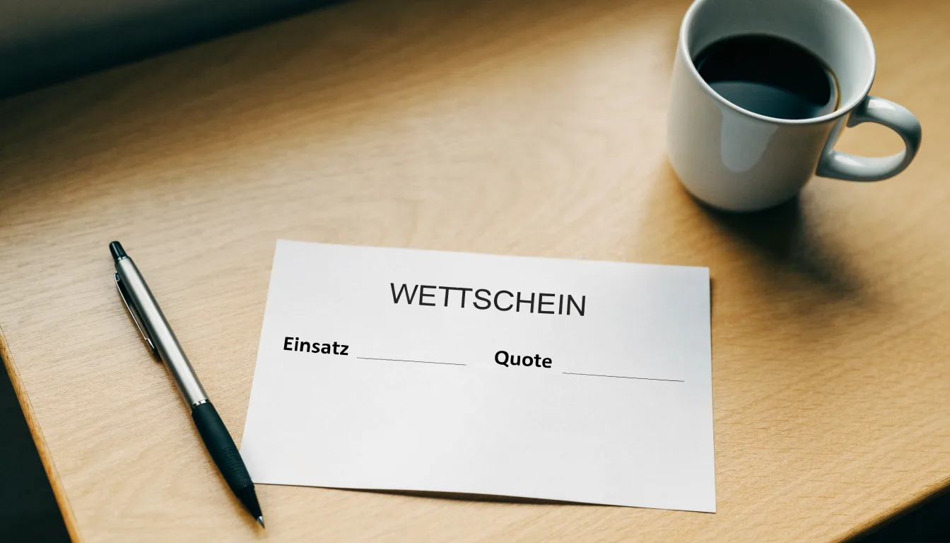 Ein leerer Wettschein aus Papier liegt neben einem Kugelschreiber und einer Tasse auf einem hellen Holztisch.