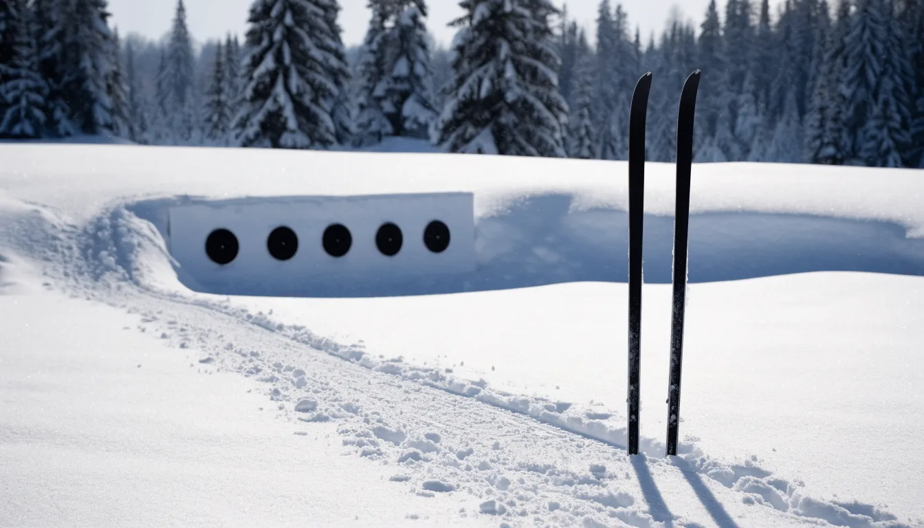 Ein Paar Langlaufskier steckt aufrecht im Schnee neben einem leeren Schießstand mit runden Zielscheiben, kaltes Winterlicht.