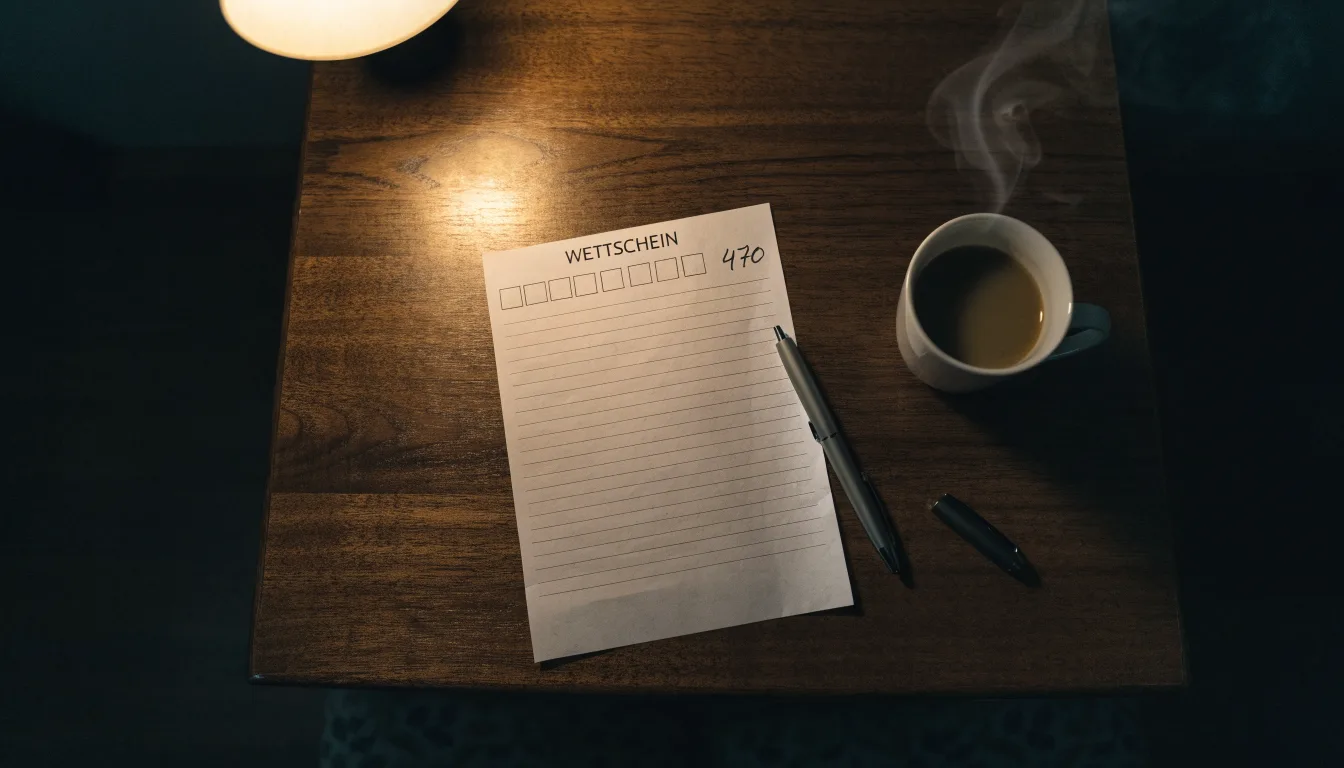 Ein leerer Papierwettschein und ein Kugelschreiber liegen auf einem Holztisch neben einer Tasse, warmes Licht einer Lampe.