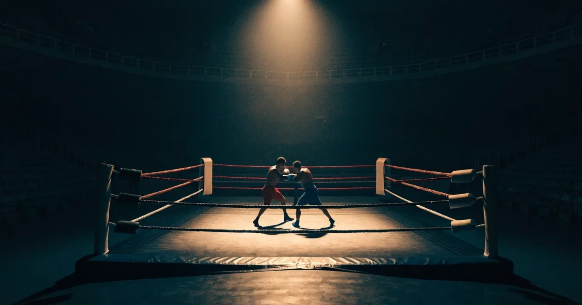 Ein Boxring mit gespannten Seilen in einer leeren Halle, ein einzelner Scheinwerfer leuchtet von oben auf die Ringmatte.