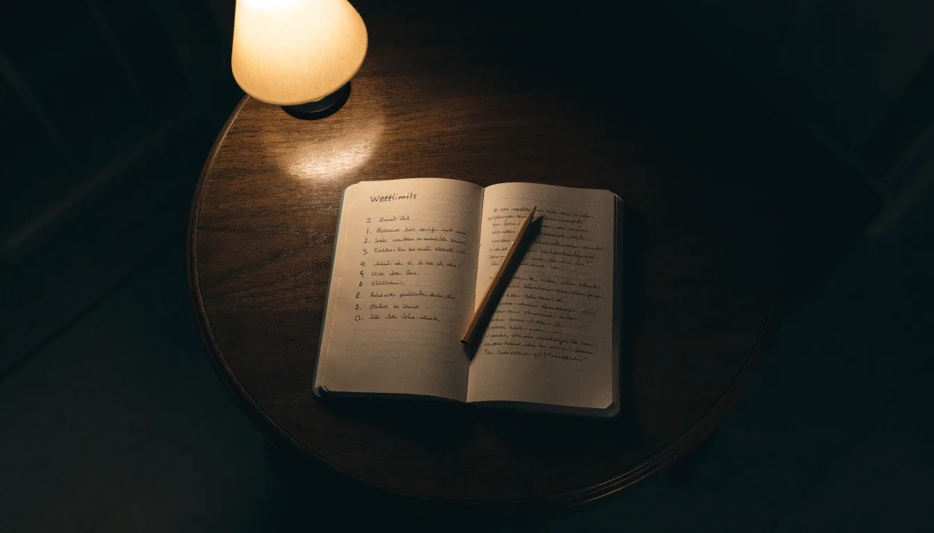 Ein Notizbuch mit handschriftlichen Notizen und ein Bleistift liegen neben einer Tischlampe auf einem Schreibtisch, ruhiges Abendlicht.