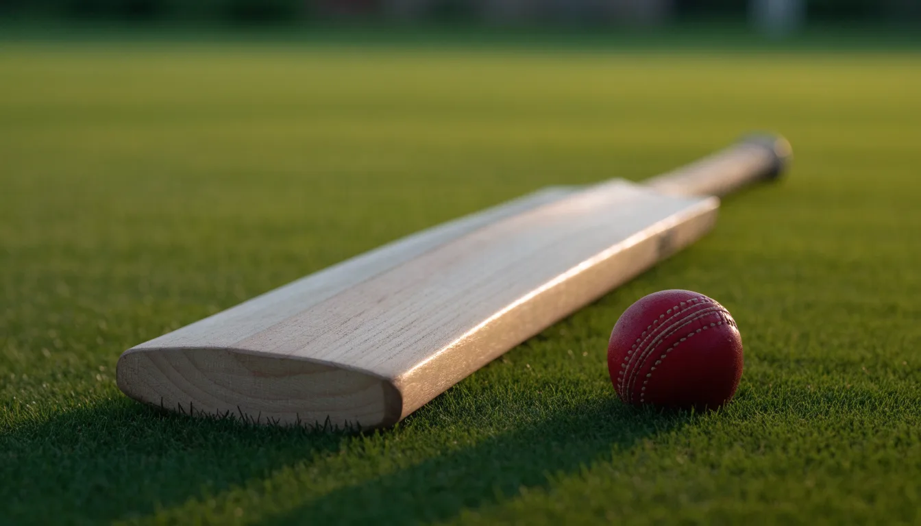 Ein Cricketschläger aus hellem Holz und ein roter Lederball liegen auf kurzem Rasen, weiches Abendlicht.