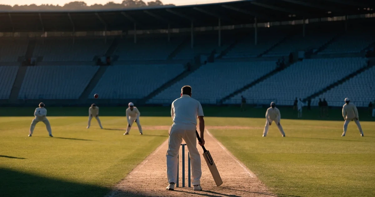 Ein weites grünes Cricketfeld mit einem hellen Streifen in der Mitte, tief stehende Sonne, im Hintergrund eine leere Tribüne.