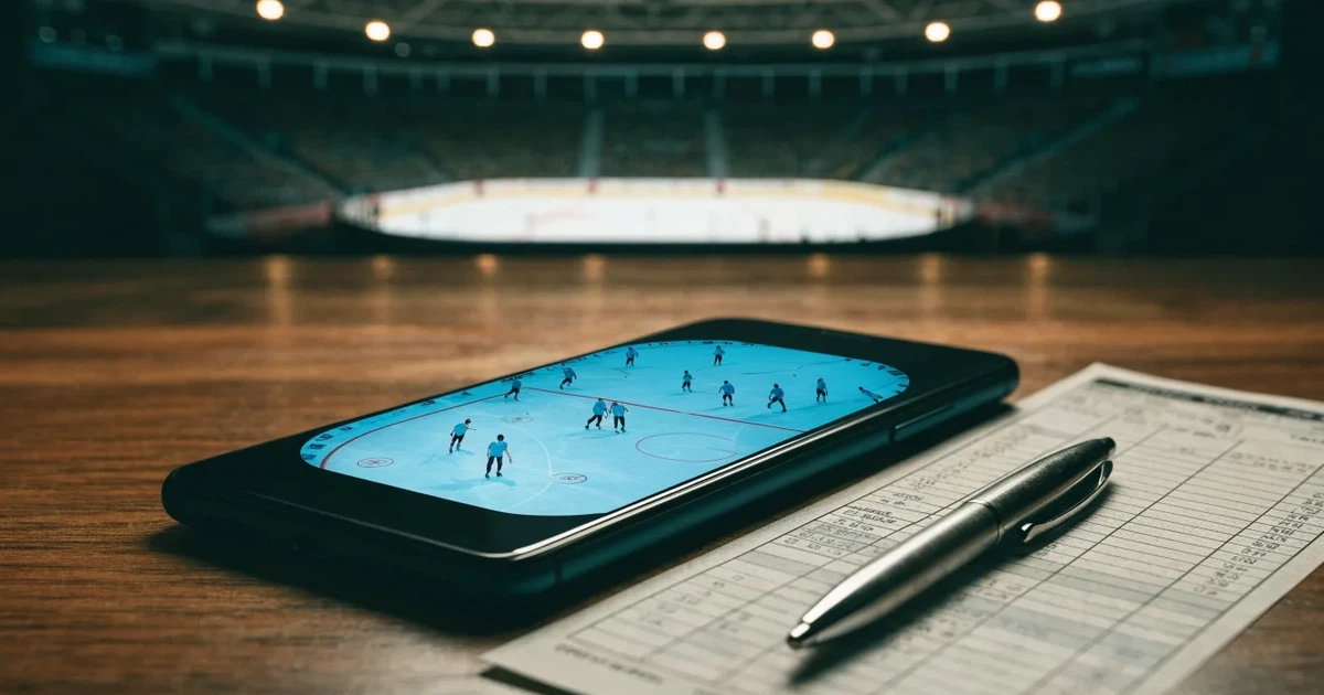 Eine Eishockeyhalle von der Tribüne aus gesehen, spiegelglatte Eisfläche, Banden ohne Schriftzüge, helles Flutlicht.