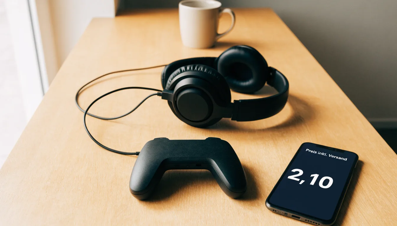 Ein Gamepad und ein Headset liegen auf einem Schreibtisch neben einer Tasse, der Bildschirm im Hintergrund ist ausgeschaltet.