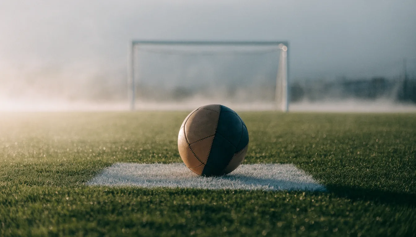 Ein Fußball liegt auf dem Elfmeterpunkt eines leeren Rasenplatzes, im Hintergrund unscharf ein Tor im Morgendunst.