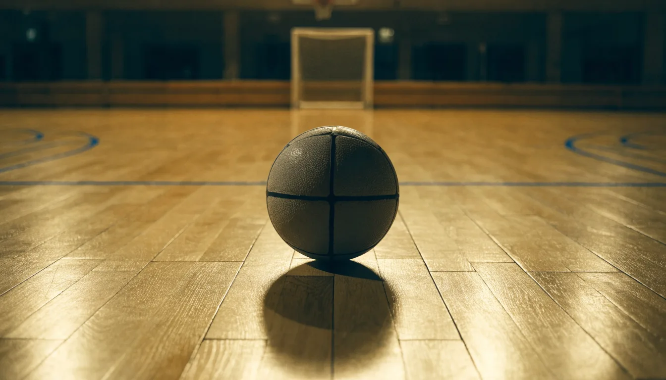 Ein kleiner schwerer Ball liegt in einer Halle auf dem Parkett vor einem Tor, warmes Licht aus den Deckenstrahlern.